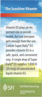 Carlson - Super Daily D3, Vitamin D Drops, 1,000 IU (25 mcg) per Drop, 1-Year Supply, Vitamin D3 Liquid, Heart & Immune Health, Vegetarian, Liquid Vitamin D3 Drops, Unflavored, 365 Drops
