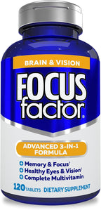 Focus Factor Adults Brain and Vision Supplement, 120 Count - Eye Vitamin, Mineral Supplement & Complete Multivitamin w/Lutein & Zeaxanthin – Brain Supplement for Focus, Concentration, Memory