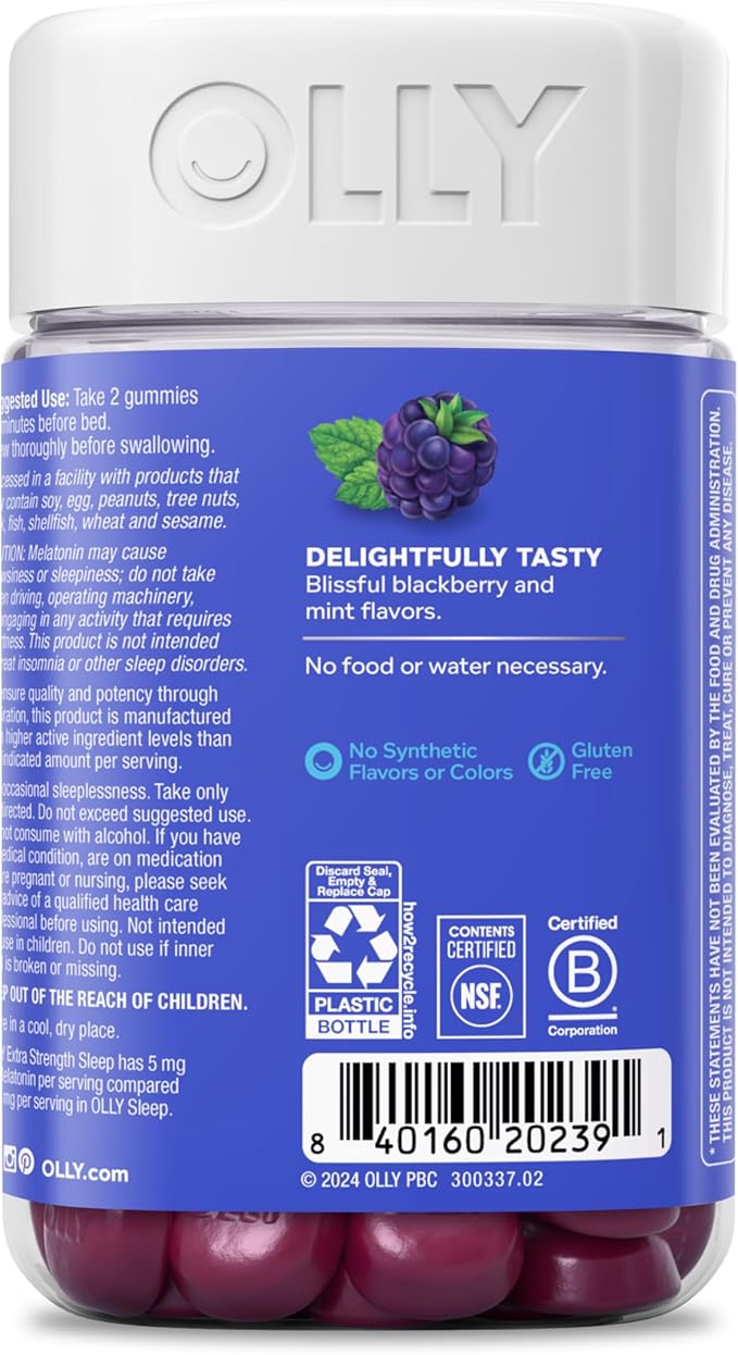 OLLY Extra Strength Sleep Gummy 5 mg Melatonin, L-Theanine, Chamomile, Lemon Balm Extracts, Sleep Aid, BlackBerry Flavor - 90 Count