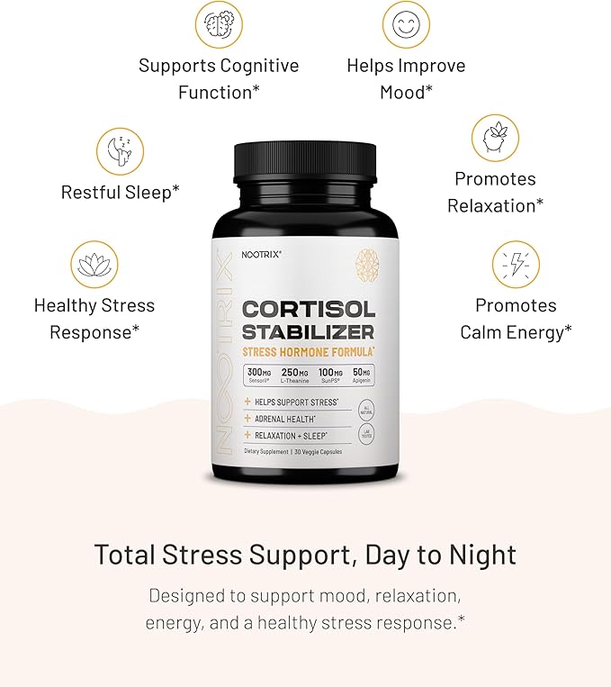Nootrix Cortisol Manager & Stabilizer Supplement | Supports Deep Sleep, Relaxation, Adrenal Health & Stress | 300mg Ashwagandha | L-Theanine, Rhodiola Rosea Extract & Apigenin | 180 Capsules
