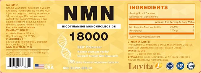 LOVITA NMN 18000, NMN Supplement with Resveratrol, Nicotinamide Mononucleotide 300 mg per Capsule, High Absorption & Stabilized Form, 99% Purity, for Healthy Aging, 60 Vegan Capsules