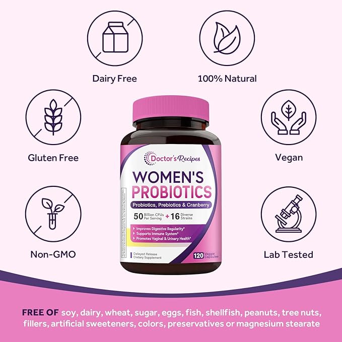 Doctor's Recipes Women's Probiotic, 120 Caps 50 Billion CFU 16 Strains, with Organic Cranberry, Digestive Immune Vaginal & Urinary Health, Shelf Stable, Delayed Release, No Soy Gluten Dairy