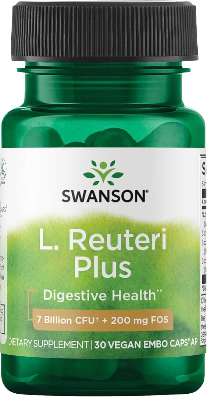 Swanson L. Reuteri Probiotic Plus with L. Rhamnosus, L. Acidophilus & FOS Prebiotic for Gut-Health-Conscious Adults - 7 Billion CFU (30 Vegan Capsules)