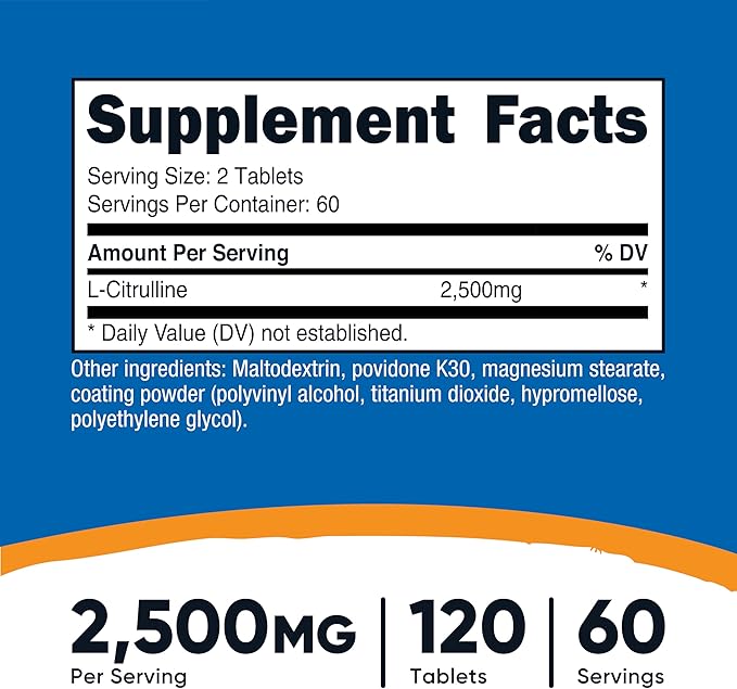 Nutricost L-Citrulline 2500mg Per Serving, 60 Servings, 1250mg Per Tablet, 120 Tabs - Non-GMO and Gluten Free Supplement