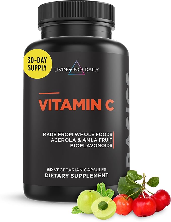 Livingood Daily Vitamin C Supplement, 3-in-1 Whole Food-Based Vitamin C with Acerola & Amla Fruit Extracts and Citrus Bioflavonoids for Immune Support, Vegan, Gluten Free, Non GMO, 60 Capsules