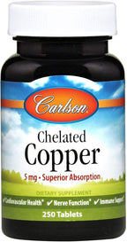 Carlson - Chelated Copper, 5 mg, Superior Absorption, Circulation Health, Nerve Function & Immune Support, 250 Tablets