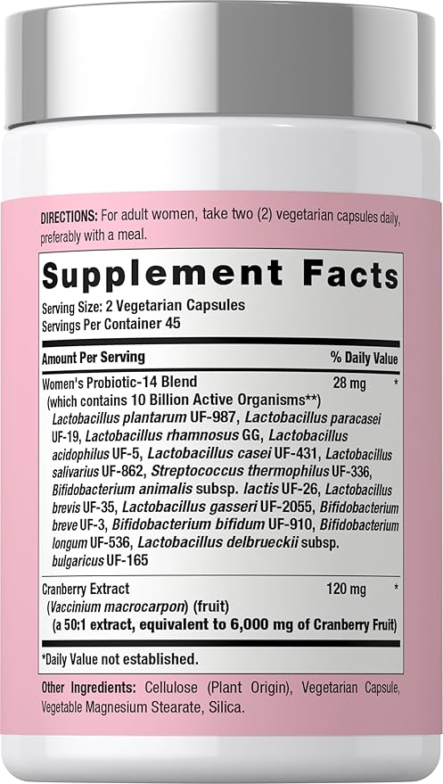 Horbäach Women's Probiotic with Cranberry Supplement | 10 Billion CFU | 14 Probiotic Strains | 90 Capsules | Non GMO, Gluten Free