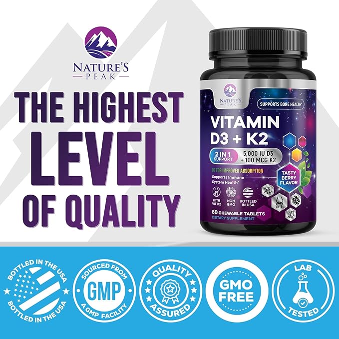 Vitamin D3 K2 - 5000 iu Vitamin D3 & 100 mcg Vitamin K2 (MK-7) per Serving - Calcium Absorption, Bone & Heart Health Support - Berry Chewable, Gluten Free, Non-GMO, Bottled in USA - 60 Tablets