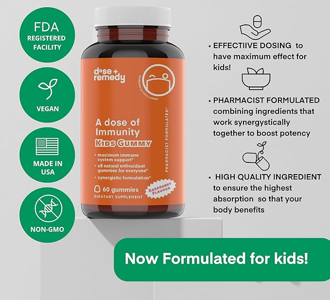 A Dose of Immunity Kids Immune Support Gummies Quercetin for Kids with Vitamin C, Zinc, Vitamin D, 100mg Quercetin Bromelain, Echinacea, Lung, Immune Defense, Immunity Booster 120 Count