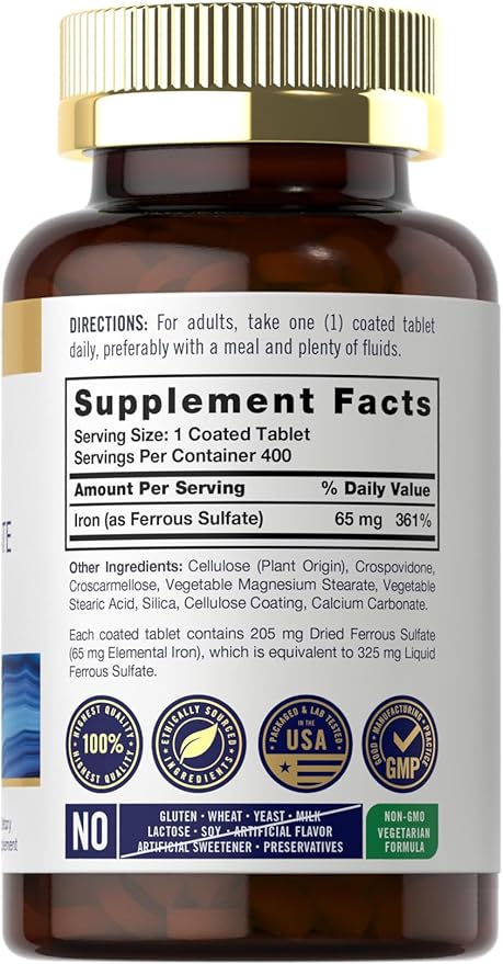 Carlyle Iron Ferrous Sulfate 325mg, 65 mg | 400 Tablets | Non-GMO, Gluten Free, and Vegetarian Supplement | High Potency