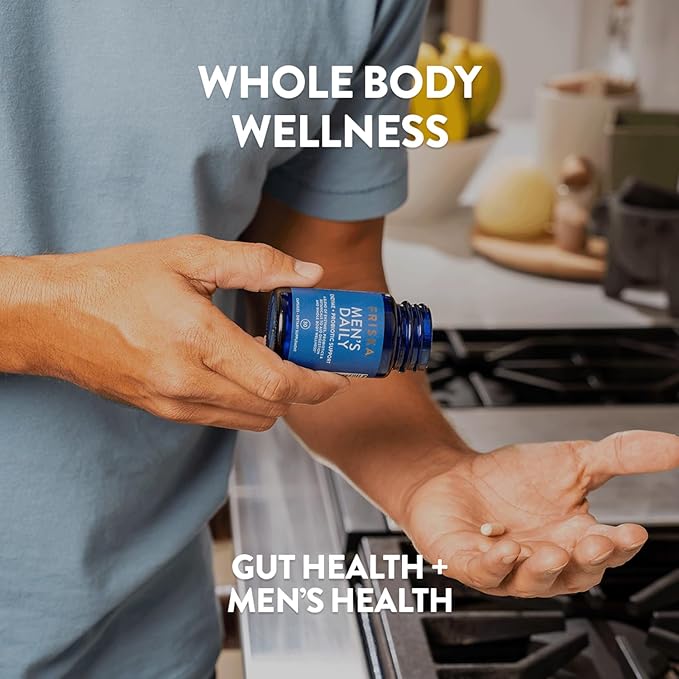 Friska Men’s Daily Gut Support - Digestive Enzymes, Probiotics to Help Break Down Foods, Supports Energy & Nutrient Absorption with Vitamins B6 & B12, 30 Capsules, Packaging May Vary