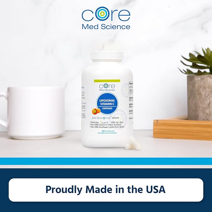 Core Med Science Liposomal Vitamin C 1000mg, 60 Capsules - Non-GMO Natural Liposomal Vitamin C Supplement that Promotes Healthy Skin - Immune System Booster for Adults, Supports Collagen Formation