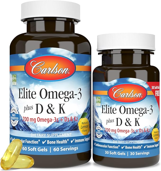 Carlson - Elite Omega-3 Plus D & K, 700 mg Omega-3s + D3 & K2, Function, Bone Health & Immune Support, Lemon, 60+30 Softgel