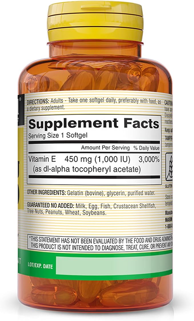 MASON NATURAL Vitamin E, 450 mg (1,000 IU), Daily Dietary Supplement with Essential Nutrient for Overall Wellness, 100 Softgels (Pack of 1)