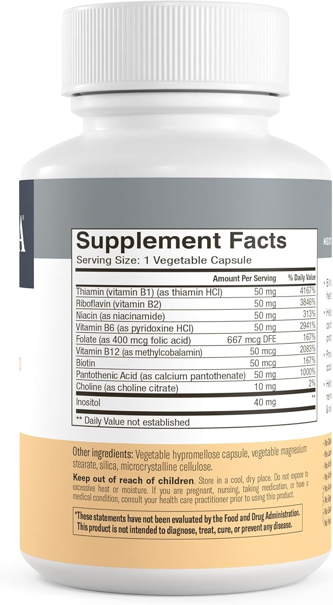 FREEDA B-Complex Capsules – Super Quints B-50 – B2 B3 (Niacinamide) B6 B12 + Biotin + Folic Acid + Choline & Inositol – Vegan – 250 Capsules