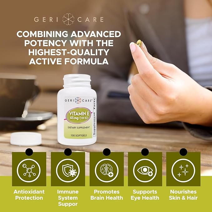 GeriCare High-Potency Vitamin E Softgels – 100 IU for Skin & Immune Support, 45mg | 100 Count | Organic Vitamin E for Women and Men, VitaminE Capsules (Pack of 2)