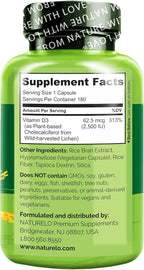 NATURELO Vitamin D - 2500 IU - Plant Based from Lichen - Natural D3 Supplement for Immune System, Bone Support, Joint Health - Vegan - Non-GMO - Gluten Free - 180 Capsules