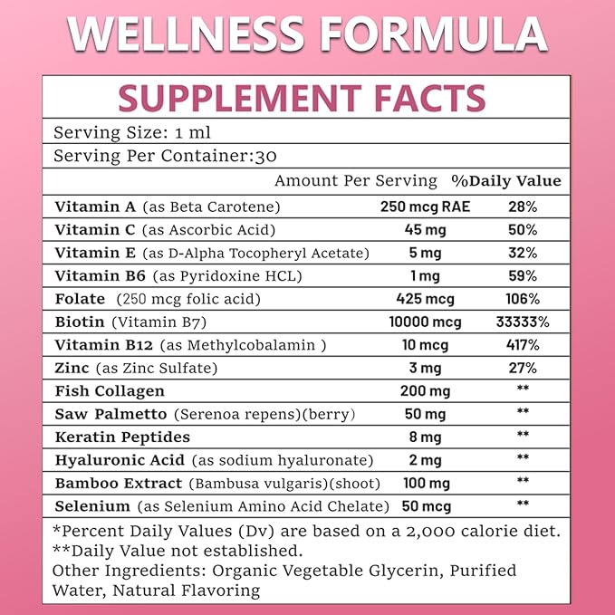 Pure Biotin 10000mcg Liquid Drop Optimal Solutions Hair Skin & Nails Vitamins Support w. Collagen Keratin Hyaluronic Acid Saw Palmetto, Biotin(Vitamin B7) for Hair Growth & Cellular Energy