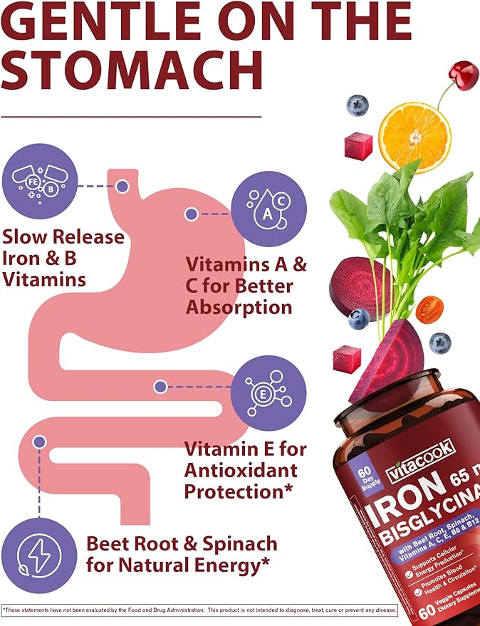 Iron Supplement for Women & Men, 65mg Ferrous Bisglycinate Chelate, Slow Release Iron with Vitamins A C E B6, B12, Folate, Organic Spinach & Beet Root Powder, for Blood Flow & Energy Support, 60 Caps