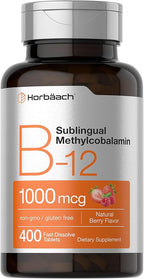 Horbaach Vitamin B12 1000 mcg Sublingual | 400 Fast Dissolve Tablets | Methylcobalamin Supplement for Women and Men | Berry Flavor | Vegan, Non-GMO, and Gluten Free
