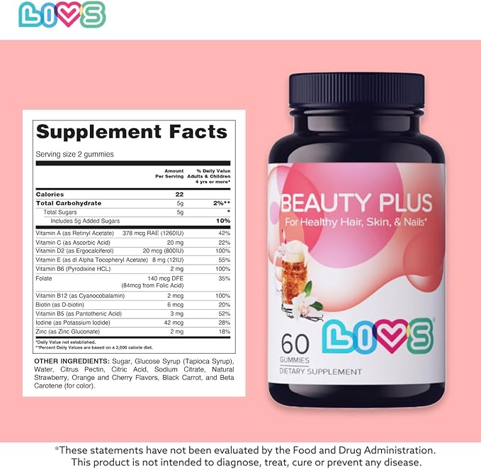 LIVS Beauty Plus Gummy Vitamins - Biotin Gummies for Hair, Skin and Nails | Natural, Gluten-Free, Non-GMO Beauty Supplement with Vitamins A, C, E, B12, D2, Zinc & More - Cream Soda Flavor - 120 Ct