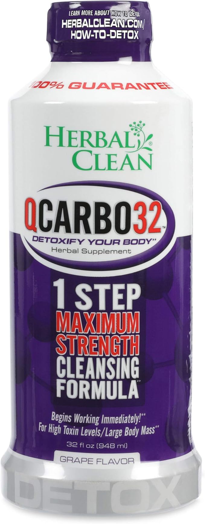 Herbal Clean Qcarbo32 Same Day Detox Cleanse Drink (32 fl oz) - Grape Flavor Full Body Cleanse* Detox Drink for Moderate Toxin Level*, Vitamin B2 and Vitamin B12 for Men & Women