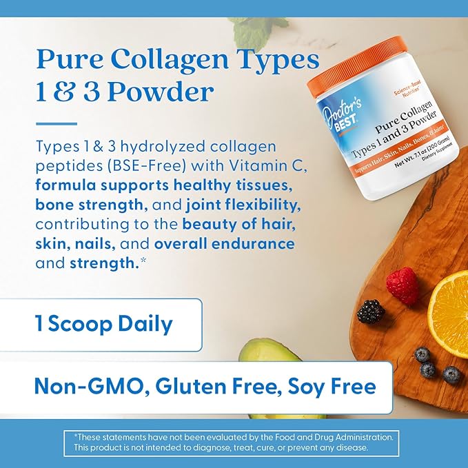 Doctor's Best Pure Collagen Types 1 & 3, Promotes Healthy Skin Hair & Nails – Bone & Joint Support, 7.1 Ounce (Pack of 1)
