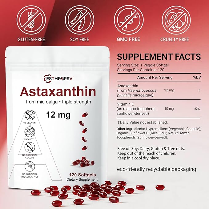 Premium Astaxanthin 12mg Antioxidant Supplement with Vitamin E – 120 Softgels, 4 Month Supply, Microalgae Source, Supports Skin, Eye & Joint Health, Non-GMO, Gluten & Soy Free