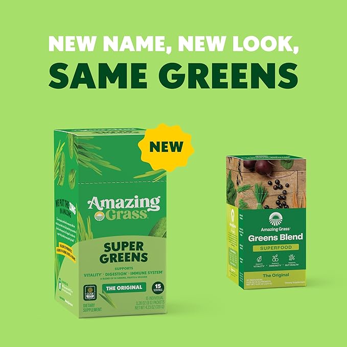 Amazing Grass Greens Blend Superfood: Super Greens Powder Smoothie Mix with Spirulina, Chlorella, Beet Root Powder, Digestive Enzymes, Prebiotics & Probiotics, Original, 15 Servings (Packaging May Vary)