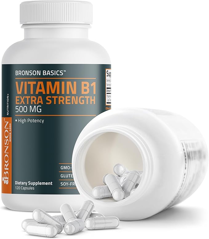 Bronson Vitamin B1 Extra Strength 500 MG High Potency Non-GMO, 120 Capsules
