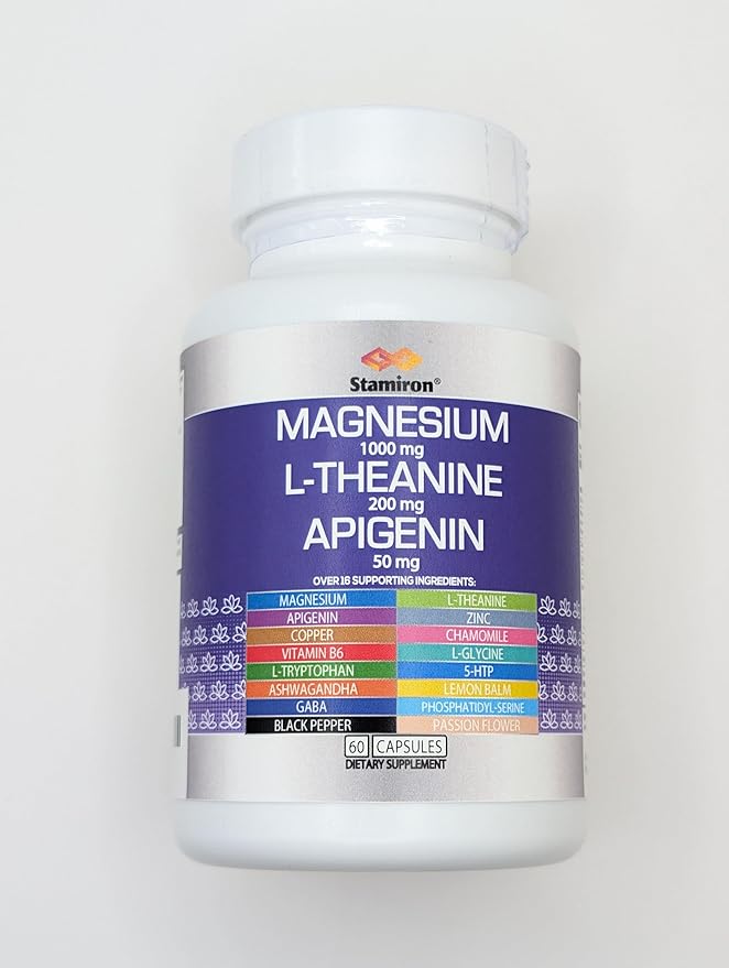 Magnesium Complex 1000mg L Theanine 200mg Apigenin 50mg Supplement with Mag Glycinate Citrate Malate Taurate + Chamomile 5-HTP Passion Flower Lemon Balm B6 Ashwagandha and L Tryptophan - Made in USA