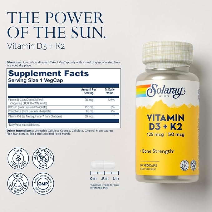 SOLARAY Magnesium Glycinate and Vitamin D3 K2 Bundle - High Absorption Chelated Magnesium Bisglycinate and 5000 IU Vitamin D - 120 VegCaps (30 Servings) of Magnesium, 60 VegCaps (60 Servings) of D3 K2