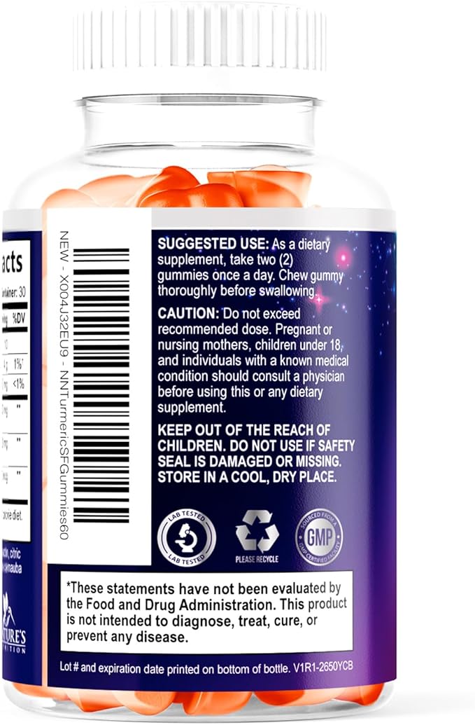 Turmeric Curcumin Gummies Sugar Free Supplement - 95% Curcuminoids with Turmeric & Ginger, Black Pepper for Best Absorption, Nature's Vegan Joint Support, Non-GMO, Tasty Peach Flavor - 60 Gummies