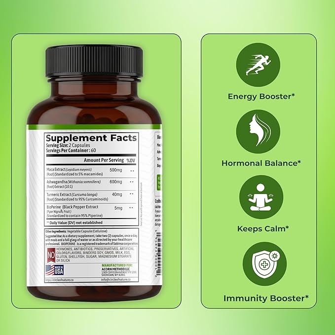 Maca Root, Ashwagandha Root Extract, Capsules for Men & Women with Turmeric Curcumin and Bioperine 120 Capsules Made in USA