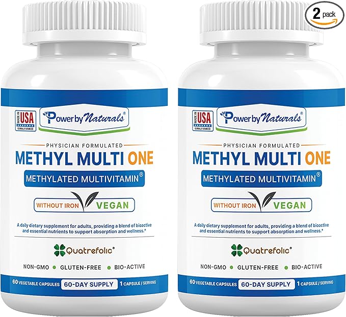 Power By Naturals Methyl Multi One – Iron-Free Methylated Multivitamin with Methyl B12, 5-MTHF, CoQ10 & Zinc – Methylation Support for Men & Women – 120 Capsules, 2-Pack (4-Month Supply)