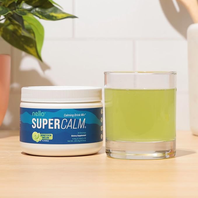 Nello Supercalm Powdered Drink Mix Tub, Cortisol Reducer* and Sleep Aid Supplement, L Theanine, Ksm-66 Ashwagandha, Magnesium Glycinate, Vitamin D 3, No Sugar, Non GMO, 30 Ct, Honeydew Melon