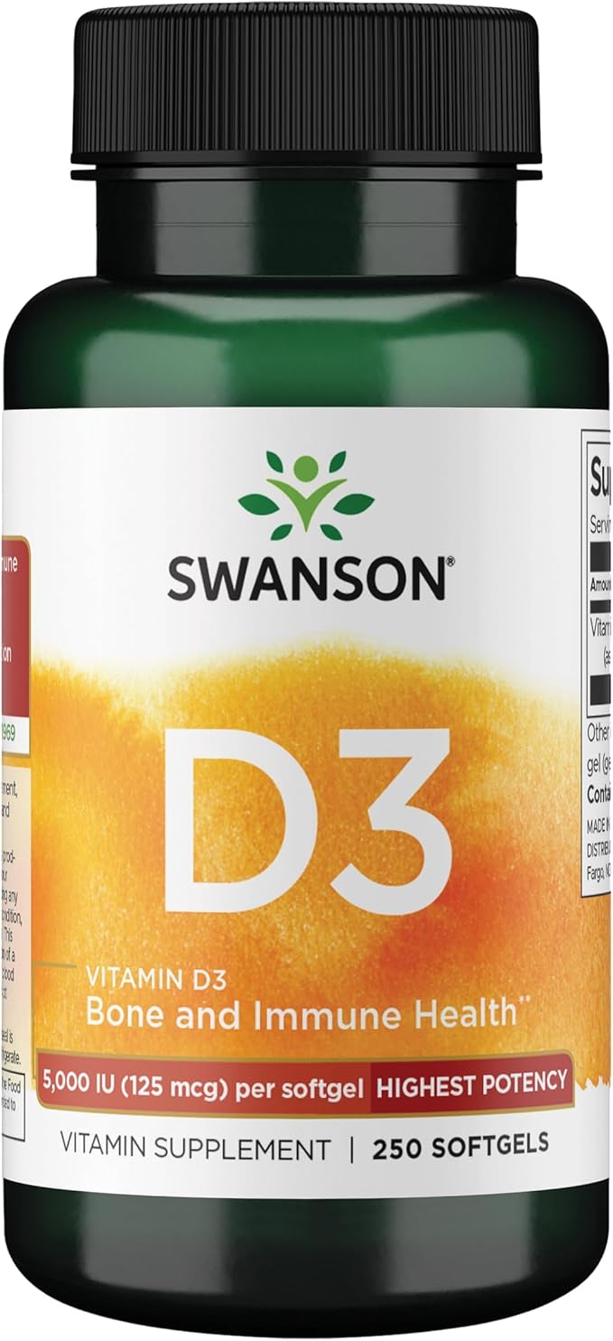 Swanson Vitamin D3 5,000 IU Bone, Immune, and Heart Health Supplement for Sun-Deprived Adults Seeking Bone, Immune, and Heart Support - 125 mcg Cholecalciferol (250 Softgels)