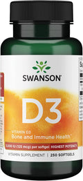 Swanson Vitamin D3 5,000 IU Bone, Immune, and Heart Health Supplement for Sun-Deprived Adults Seeking Bone, Immune, and Heart Support - 125 mcg Cholecalciferol (250 Softgels)