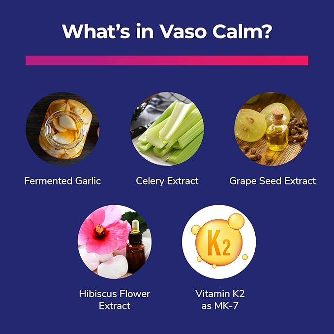 Vaso Calm - Healthy Blood Balance Supplement - Features Fermented Garlic, Celery and Grape Seed Extract, Hibiscus, and Vitamin K2 - Made in the USA, 60 Capsules
