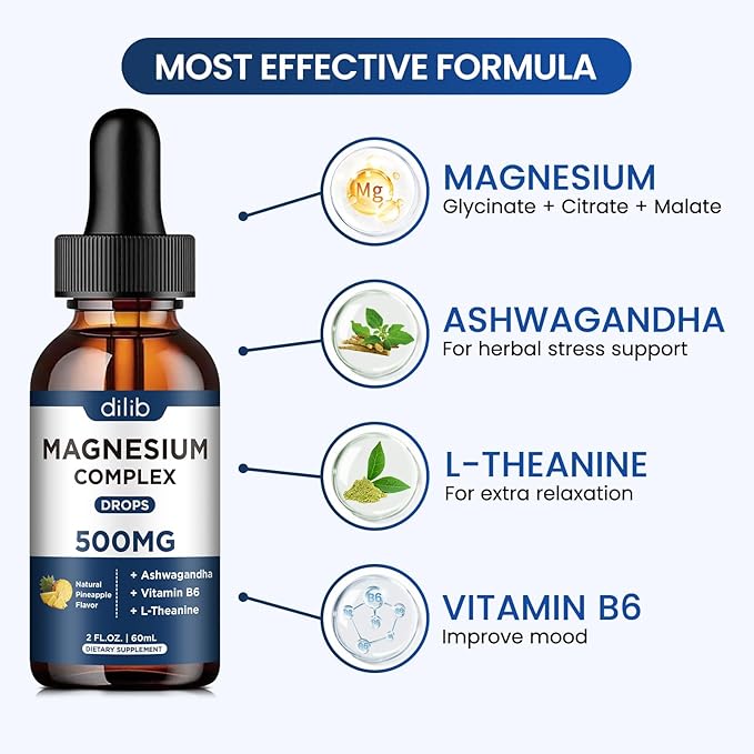 Magnesium Glycinate Liquid Drops 500mg - Triple Magnesium Complex Supplement with Citrate, Malate, Ashwagandha, L-Theanine, Vitamin B6 for Sleep, Stress Relief, Muscle, Pineapple Flavor 4 Fl Oz