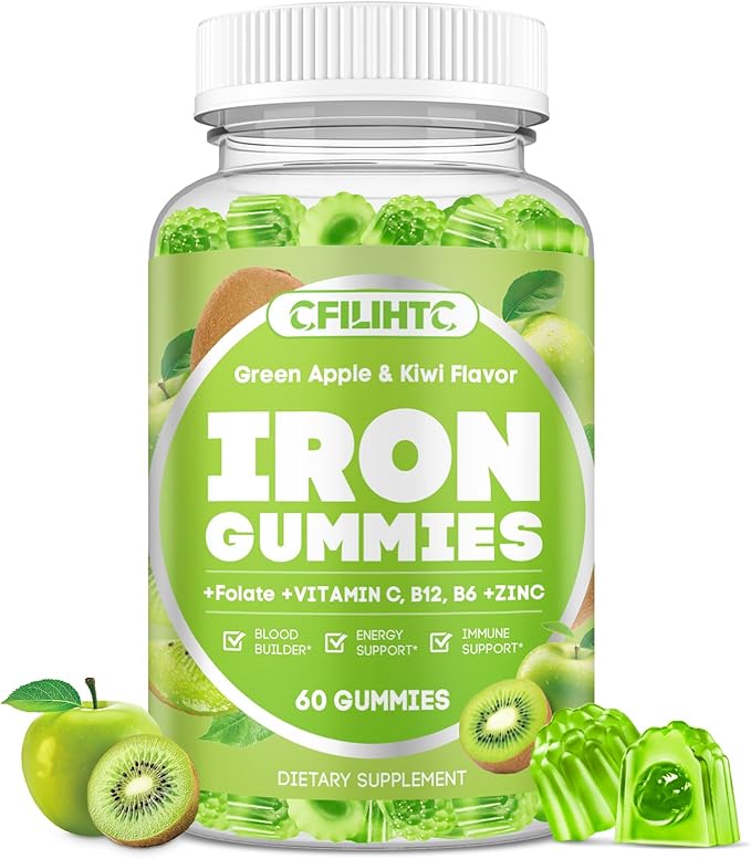 Center-Filled Iron Gummies for Adults & Kids - Iron Supplement with Vitamin B6, B12, C, Zinc, Folate - Support Women Iron Deficiency, Anemia, Blood Builder - Sugar Free Vegan 60ct Apple & Kiwi Flavor