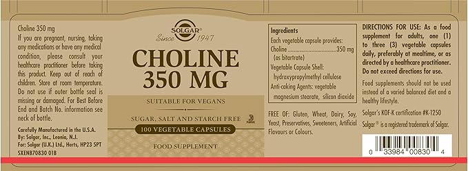 Solgar Choline 350 mg, 100 Vegetable Capsules - Supports Healthy Brain & Cellular Function - Vegan, Gluten Free, Dairy Free, Kosher - 100 Servings,(Pack of 2)