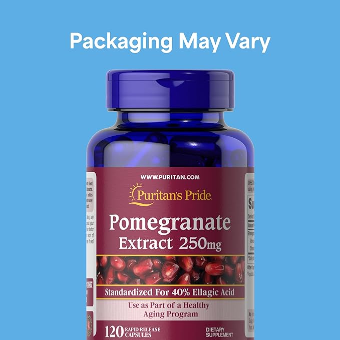 Puritan's Pride Premium Pomegranate Extract 250mg, Dietary Supplement for Antioxidant Health and Healthy Aging Program, 40% Ellagic Acid,120 Rapid Release Capsules (Packaging May Vary)