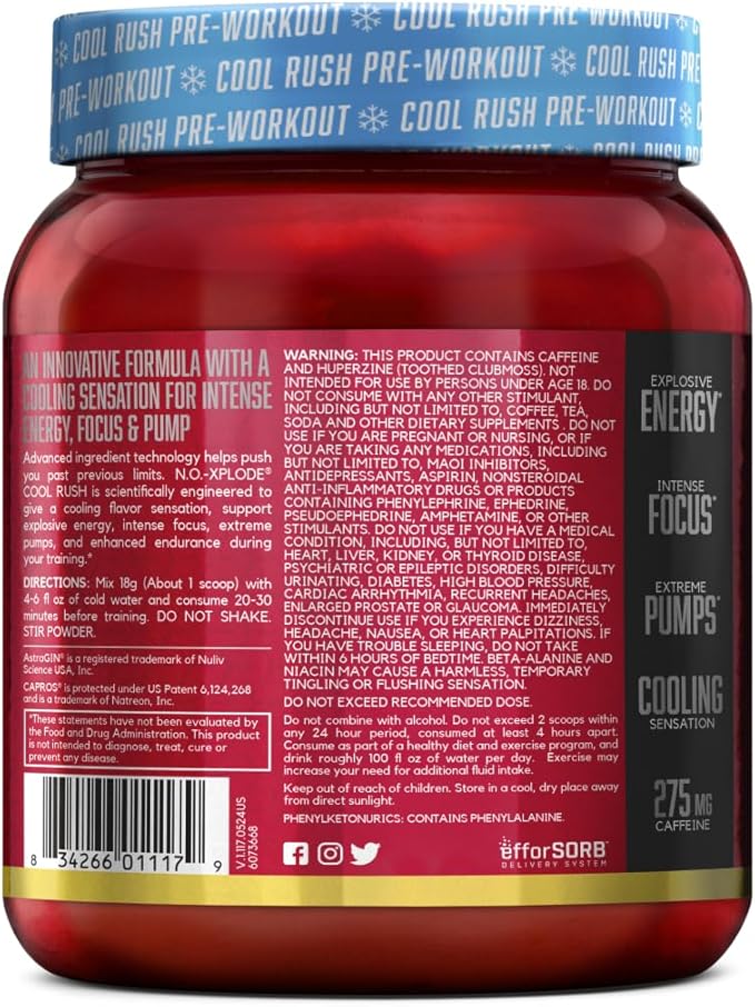 BSN N.O.-XPLODE Cool Rush Pre Workout Powder, Preworkout Energy Supplement for Men and Women with Creatine and Beta-Alanine, Mango Citrus Smash, 30 Servings, 1.2 Pound (Packaging May Vary)