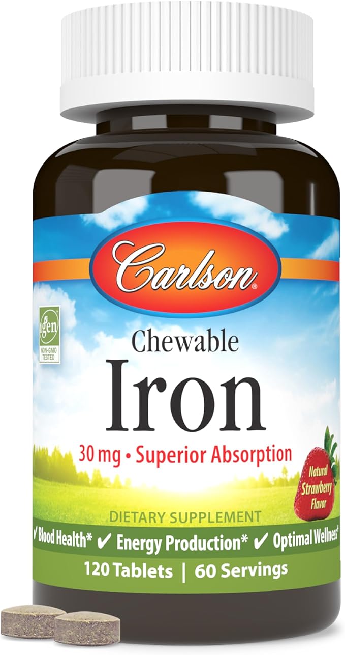 Carlson - Chewable Iron, 30 mg, Superior Absorption, Blood Health, Energy Production & Optimal Wellness, Chewable Iron Supplement for Women & Men, Natural Strawberry Flavor, 120 Tablets