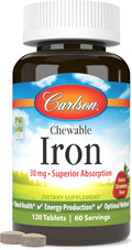 Carlson - Chewable Iron, 30 mg, Superior Absorption, Blood Health, Energy Production & Optimal Wellness, Chewable Iron Supplement for Women & Men, Natural Strawberry Flavor, 120 Tablets