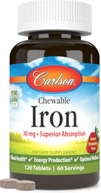 Carlson - Chewable Iron, 30 mg, Superior Absorption, Blood Health, Energy Production & Optimal Wellness, Chewable Iron Supplement for Women & Men, Natural Strawberry Flavor, 120 Tablets