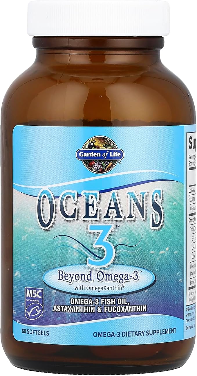 Garden of Life Oceans 3 Beyond Omega-3 with OmegaXanthin, EPA, DHA Supplements, Fish Oil with 1200 mg Omega 3, Astaxanthin & Brown Seaweed Extract - 60 Softgels