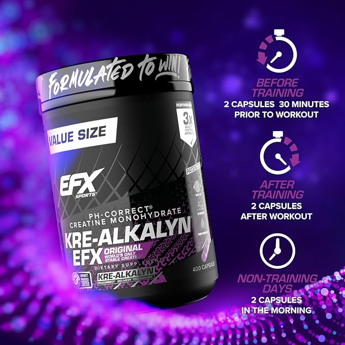 EFX Sports Kre-Alkalyn EFX | pH Correct Creatine Monohydrate Pill Supplement | Strength, Muscle Growth & Performance | 200 Servings, 400 Capsules