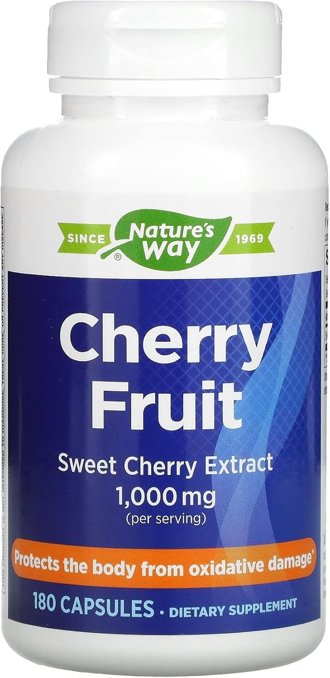 Nature's Way Cherry Fruit Sweet Cherry Extract, Supports Antioxidant Pathways*, 1,000 mg Per 2-Capsule Serving, Gluten free, 180 Capsules (Packaging May Vary)